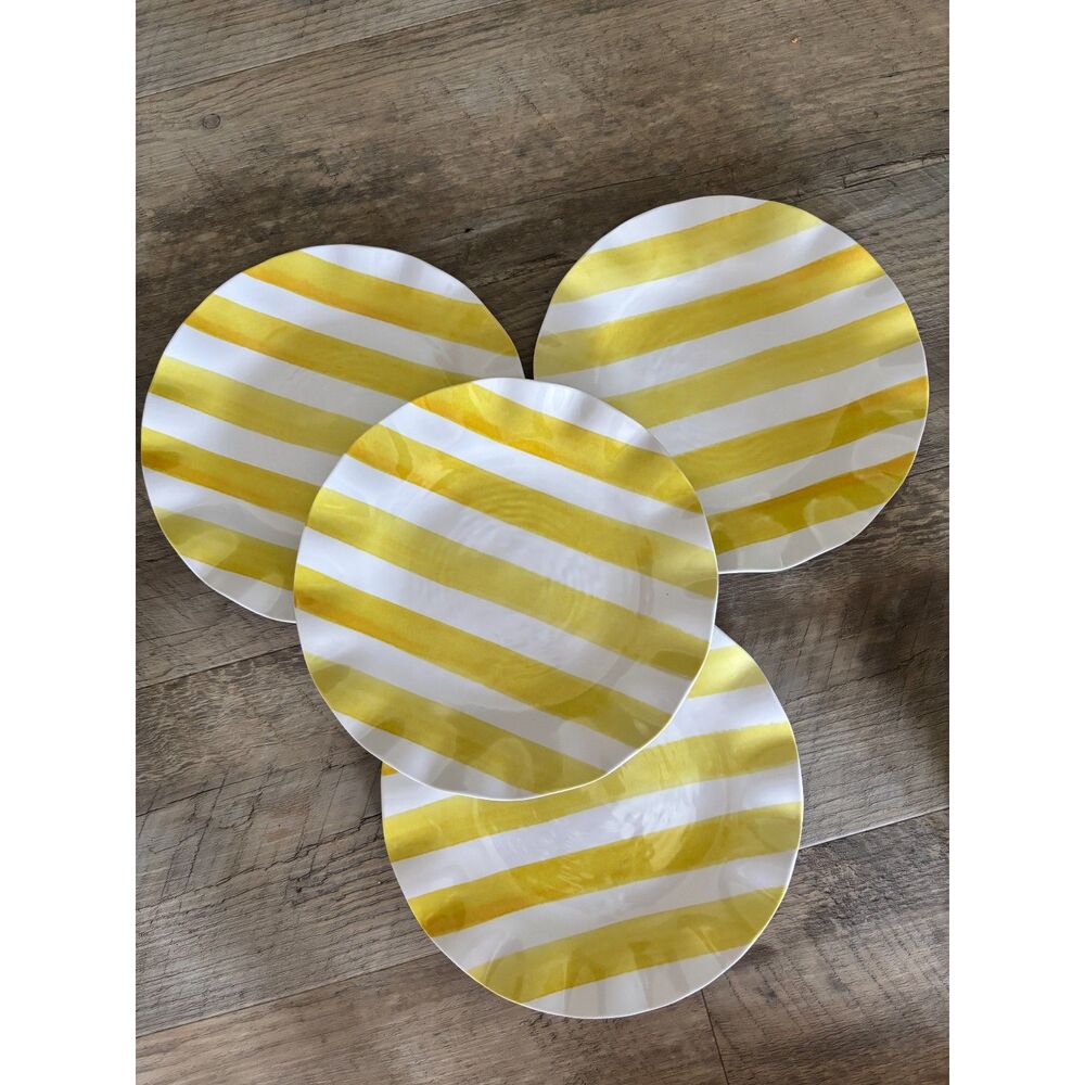 Set of 4 Spring Melamine Scalloped Edge Food Safe 9" Yellow Stripe Plates #H